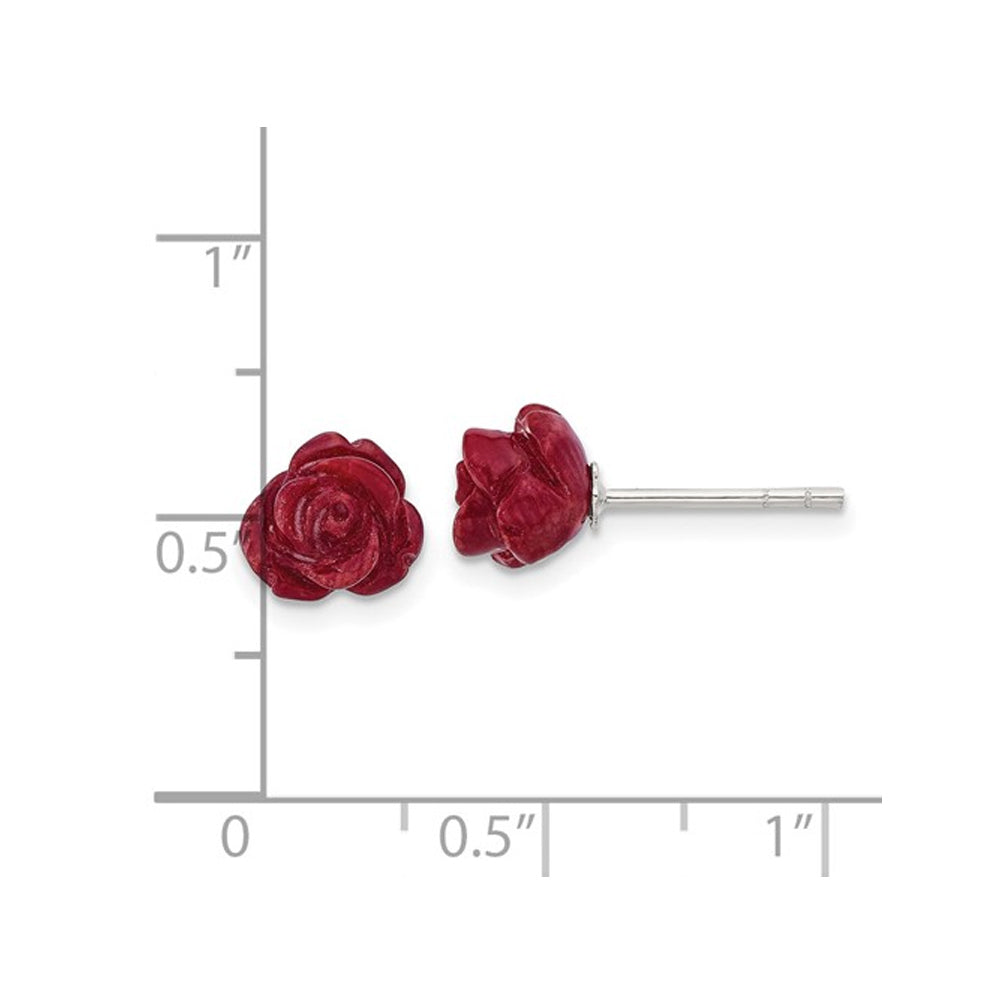 Natural Red Coral Flower Rose Earrings in Sterling Silver Image 2