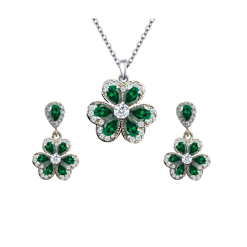 18K White Gold Created EmeraldWhite Sapphire Flower Necklace And Earrings Set Plated Image 1