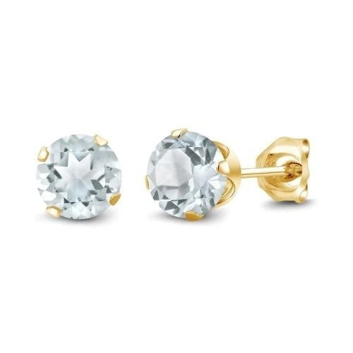 14k Yellow Solid Gold Created Aquamarine Round Stud Earrings 4mm Image 1