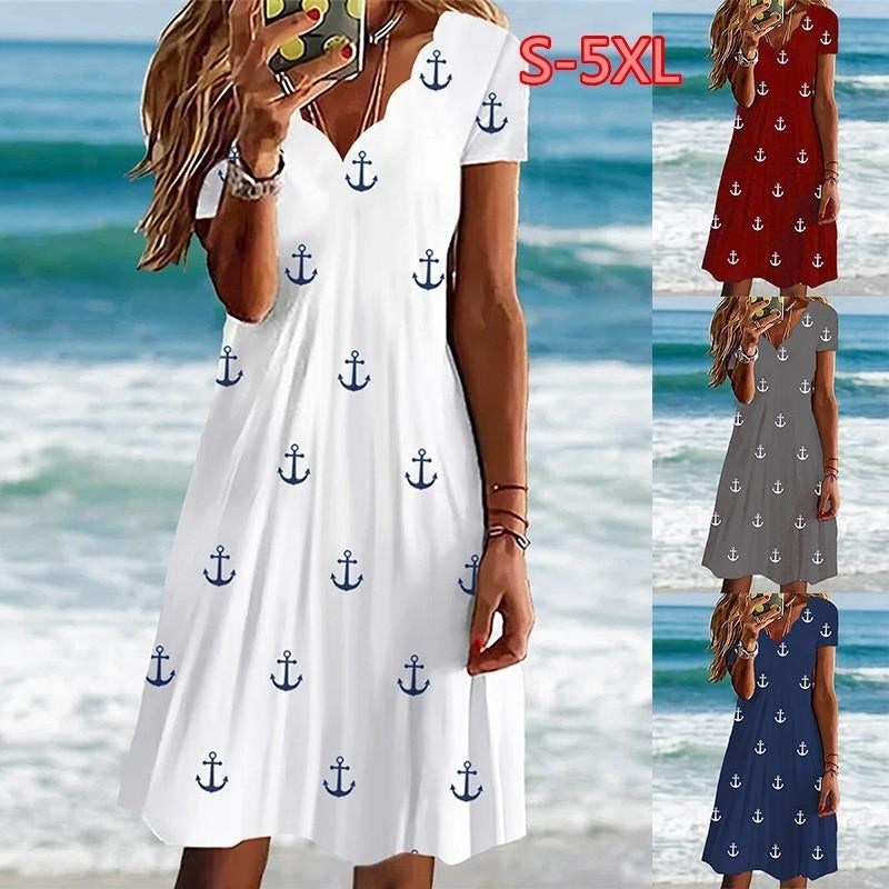 Summer Women Round Neck Short Sleeve Dress Casual Plus Size Anchor Printed Dress Mini Dress Long Dress Image 1