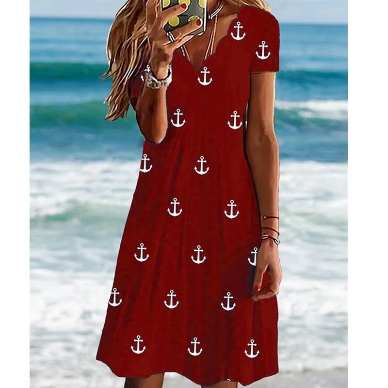 Summer Women Round Neck Short Sleeve Dress Casual Plus Size Anchor Printed Dress Mini Dress Long Dress Image 1