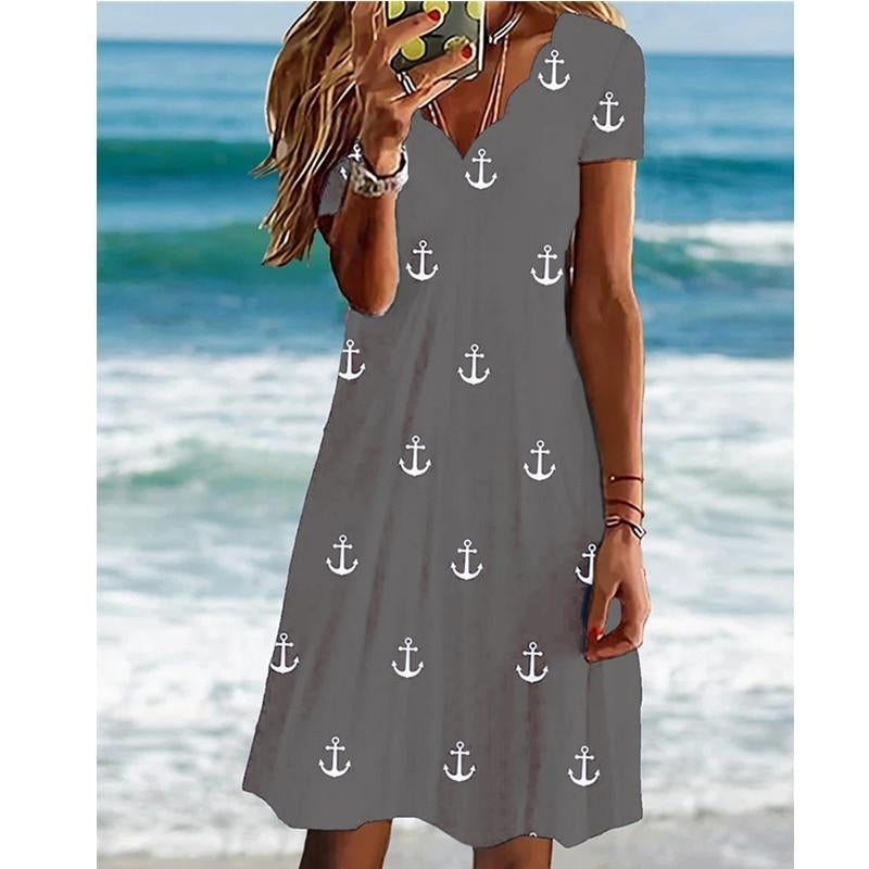 Summer Women Round Neck Short Sleeve Dress Casual Plus Size Anchor Printed Dress Mini Dress Long Dress Image 4
