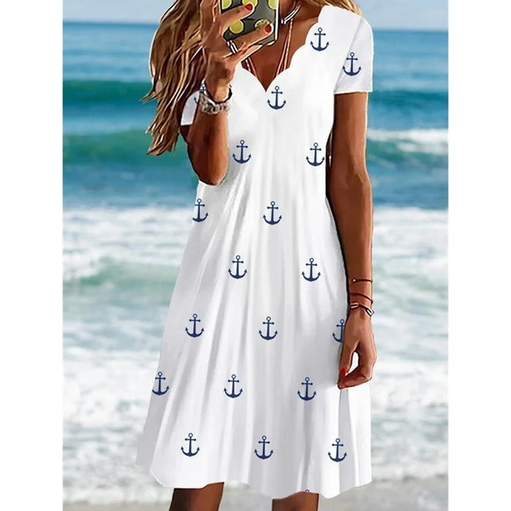 Summer Women Round Neck Short Sleeve Dress Casual Plus Size Anchor Printed Dress Mini Dress Long Dress Image 4