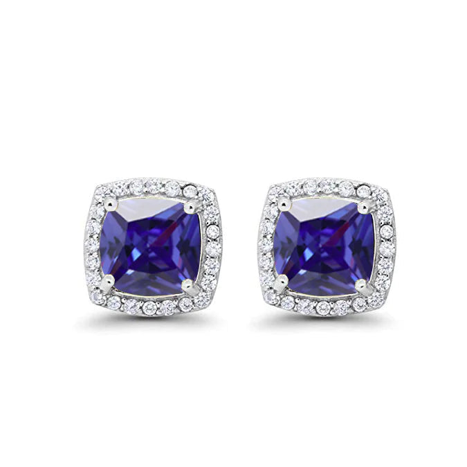 18k White Gold Plated 1/4 Ct Created Halo Princess Cut Blue Sapphire Stud Earrings 4mm Image 1