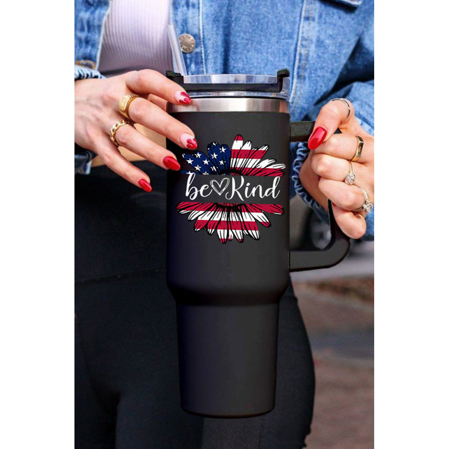 Black Be Kind American Flag Sunflower Print Stainless Portable Cup Image 1