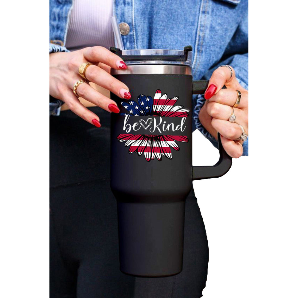 Black Be Kind American Flag Sunflower Print Stainless Portable Cup Image 2