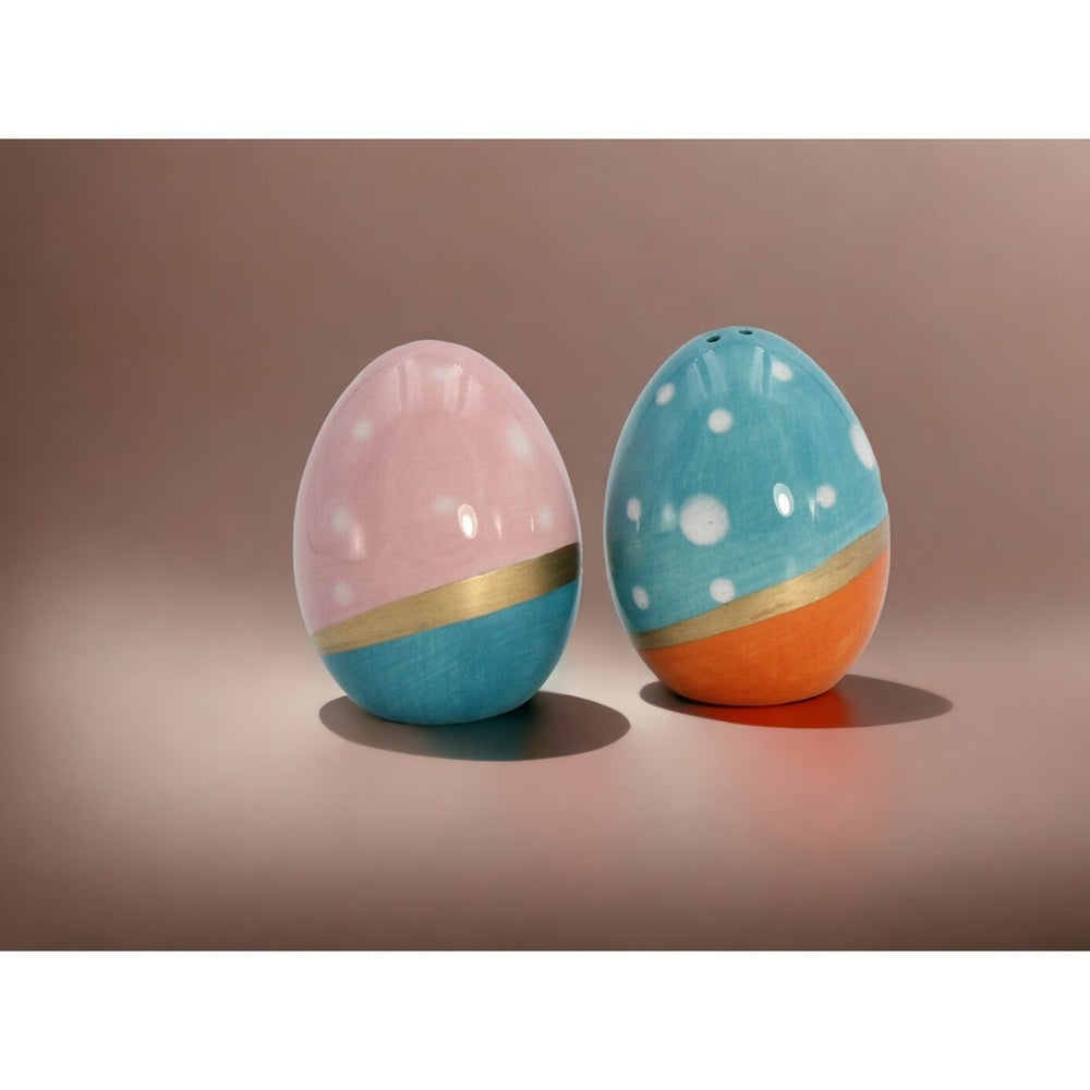 Ceramic Blue and Pink Easter Eggs with Gold Accent Salt and Pepper ShakersKitchen DcorSpring Dcor Image 2