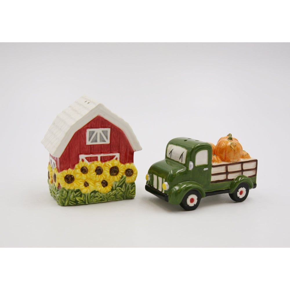 Ceramic Sunflower Barn and Red Pickup Truck With Pumpkins Salt and Pepper ShakersFall Dcor, Image 2