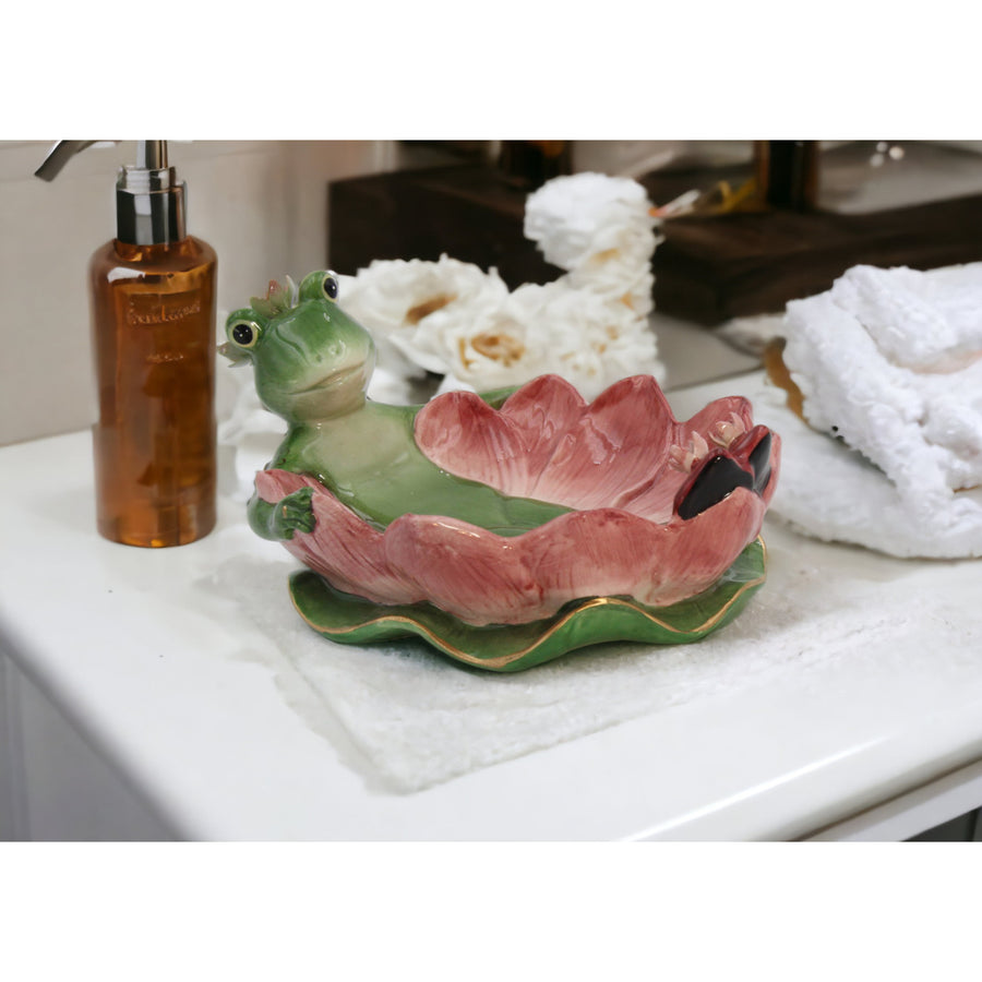 Ceramic Frog in Water Lily Soap DishHome DcorMomSpring DcorCottagecore, Image 1