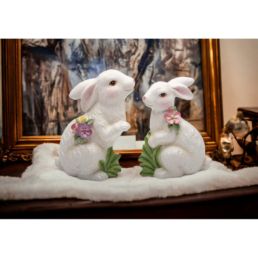 Springtime Bunnies: Cute Easter Rabbits with Flowers FigurinesSet of 2 Image 1