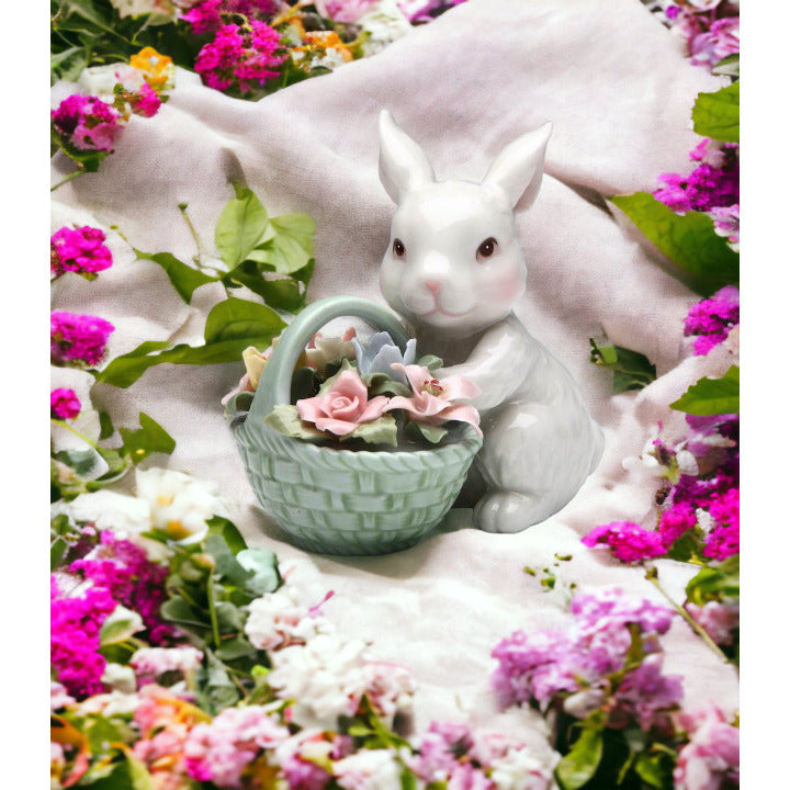 Ceramic Easter Bunny Rabbit With Flower Basket FigurineHome Dcor, Image 1
