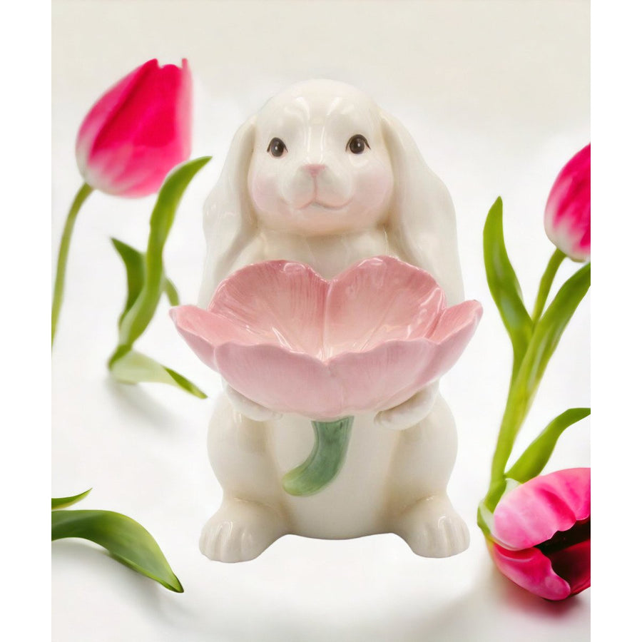 Springtime Bunnies: Easter Bunny Rabbit Holding Pink Flower Candy Dish, Image 1