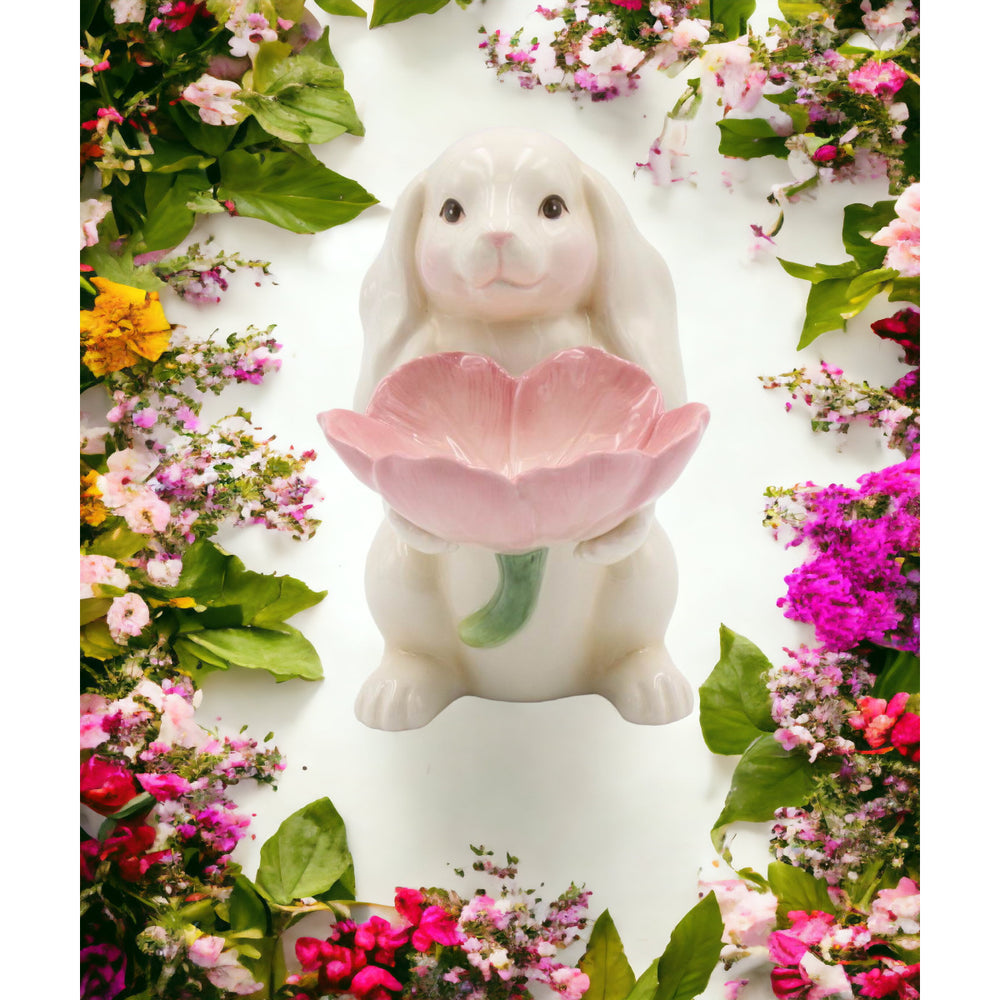 Springtime Bunnies: Easter Bunny Rabbit Holding Pink Flower Candy Dish, Image 2