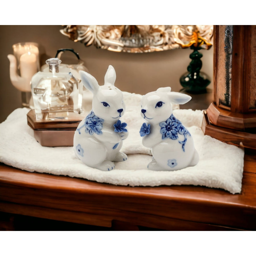 Ceramic Easter Bunny Rabbits with Blue Flowers Salt and Pepper ShakersKitchen DcorSpring or Easter Dcor Image 1