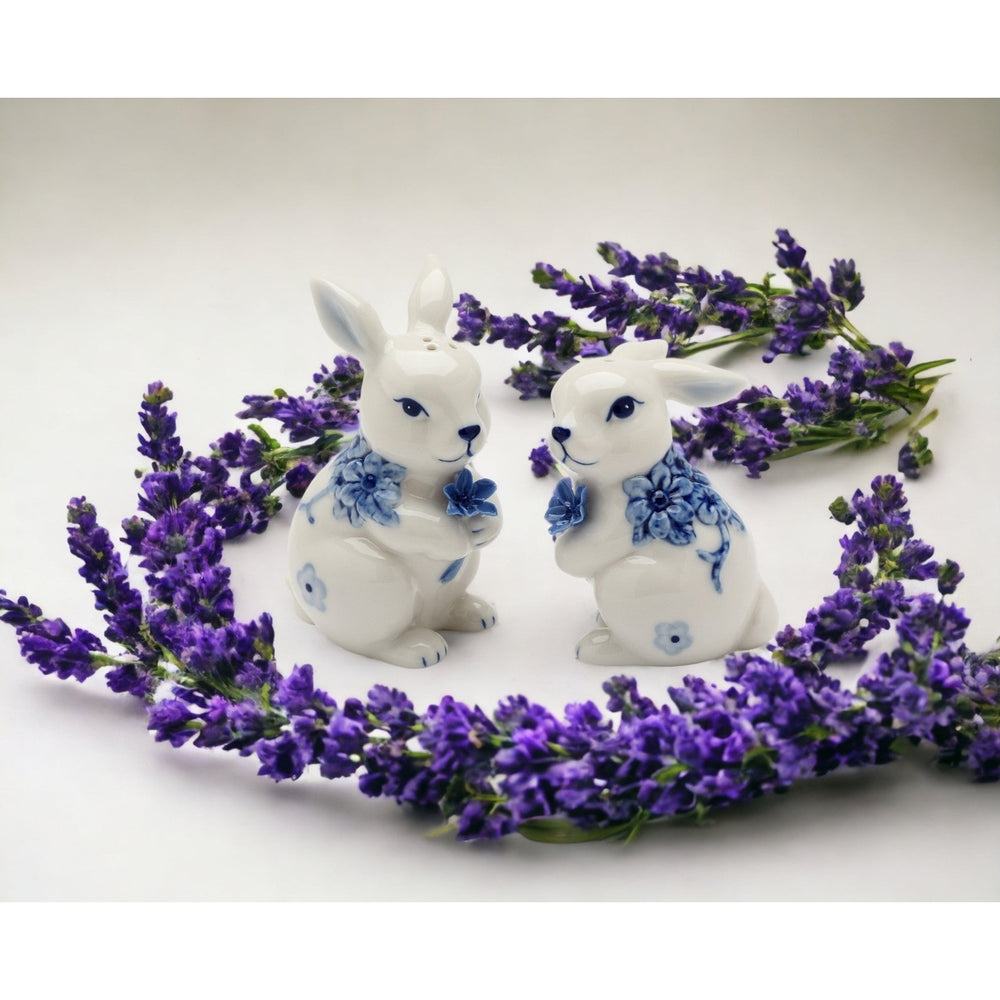 Ceramic Easter Bunny Rabbits with Blue Flowers Salt and Pepper ShakersKitchen DcorSpring or Easter Dcor Image 2