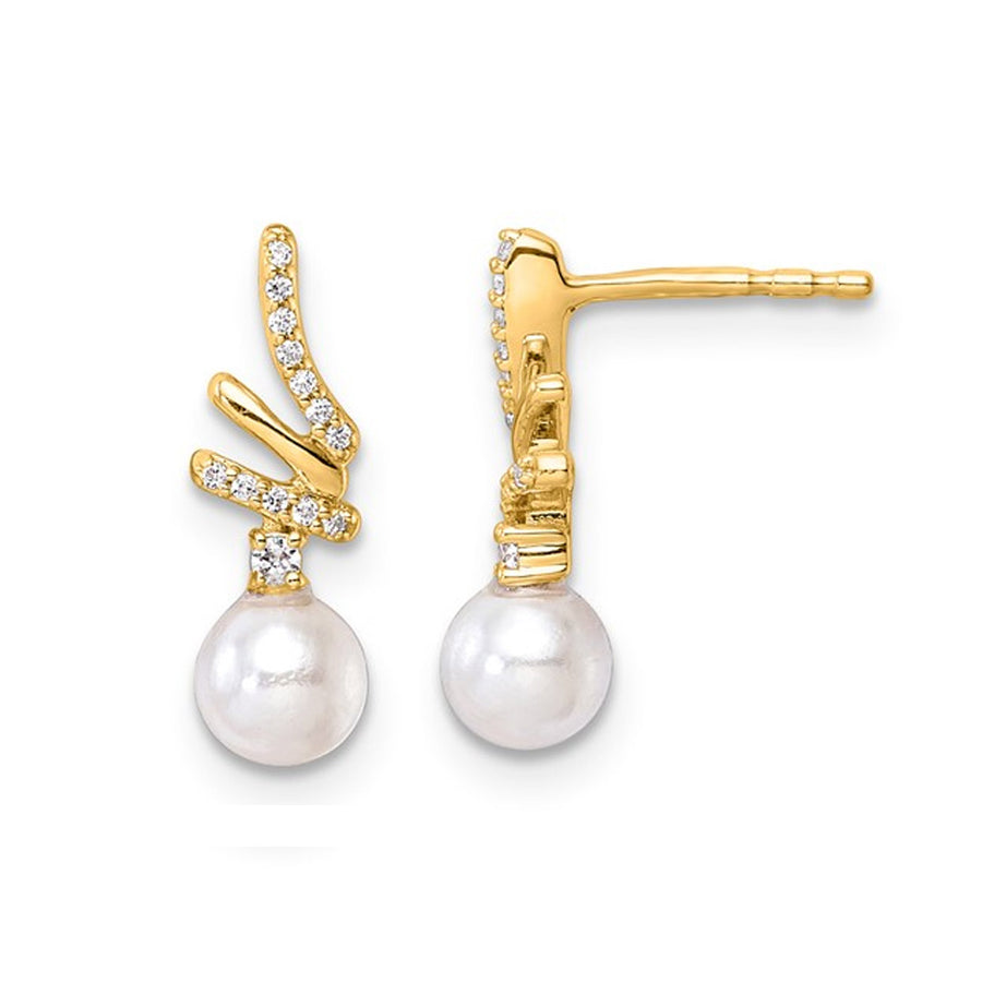 10K Yellow Gold Freshwater Cultured Pearl Earrings with Diamonds Image 1