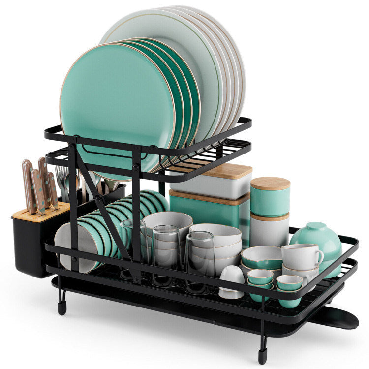 2-Tier Collapsible Dish Rack with Removable Drip Tray Image 1