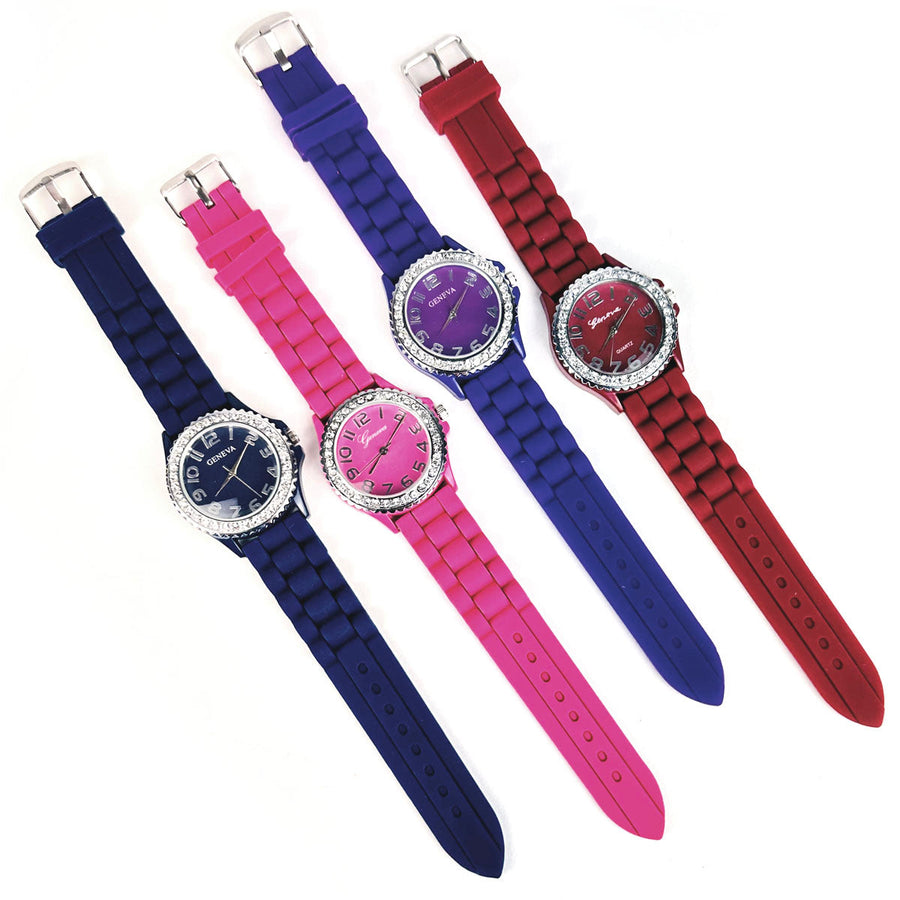 CLEARANCE SALE - Geneva Silicon 4 Colors Band Watch Wholesale Crystal Bezel Watches for Women Image 1