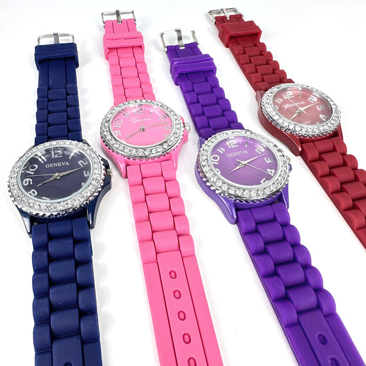 CLEARANCE SALE - Geneva Silicon 4 Colors Band Watch Wholesale Crystal Bezel Watches for Women Image 3