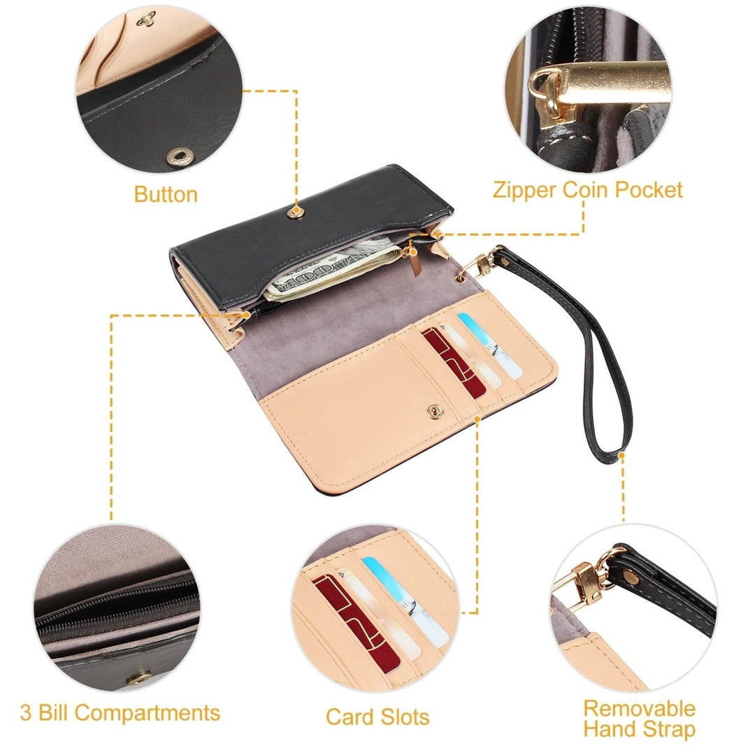 Women Wristlet Wallet PU Leather Lady Purse Credit Card Holder 4 Card Slots 3 Money Pouches 1 Coin Pocket Image 6