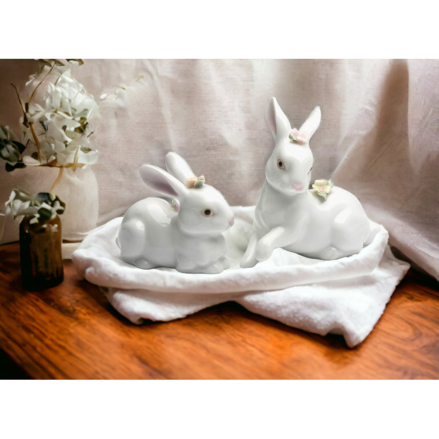 Hand Crafted Ceramic Set Of 2 Bunny Rabbits Figurine, Image 1