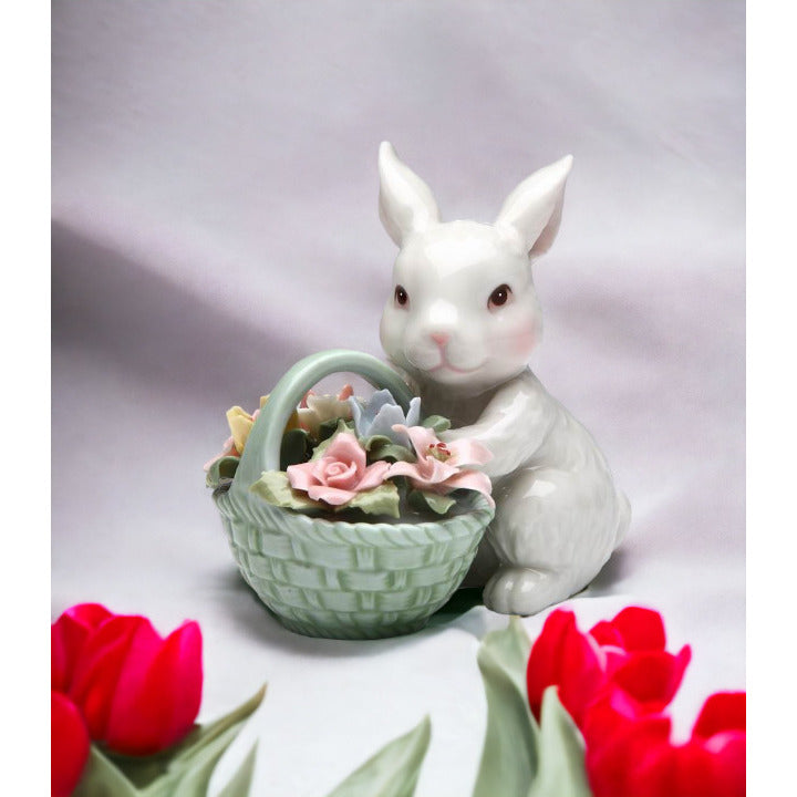 Ceramic Easter Bunny Rabbit With Flower Basket FigurineHome Dcor, Image 2