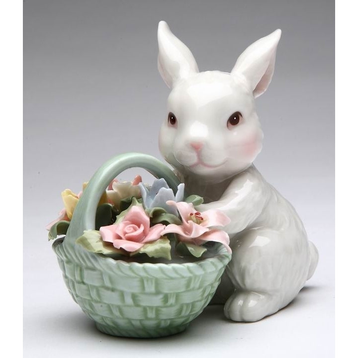 Ceramic Easter Bunny Rabbit With Flower Basket FigurineHome Dcor, Image 3