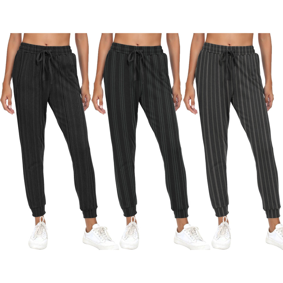 2-Pack Womens Striped Jogger Sweatpants with Pocket Drawstring Elastic Waist- Soft Breathable Casual Active Lounge Wear Image 1