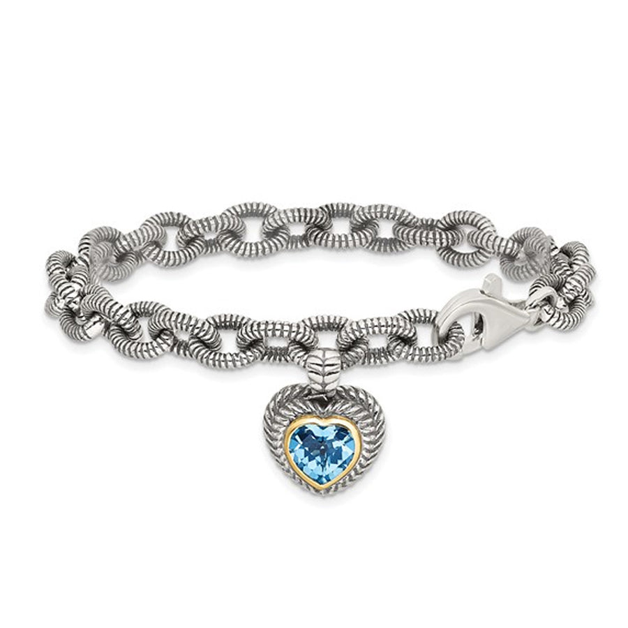 Sterling Silver with 14K Gold Accent Heart Swiss Blue Topaz Bracelet (2.0 Carat) Image 1