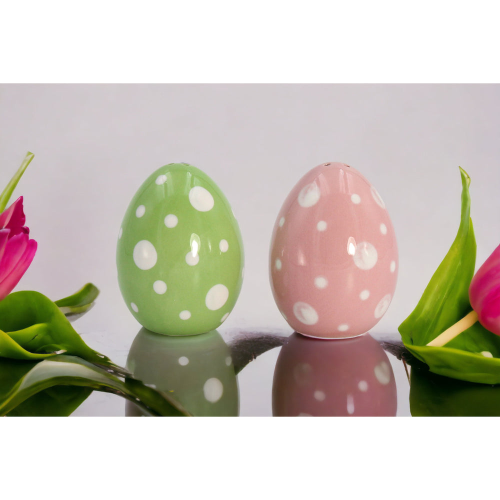 Ceramic Spotted Pink and Green Easter Egg Salt and Pepper ShakersKitchen DcorSpring DcorEaster Dcor Image 2