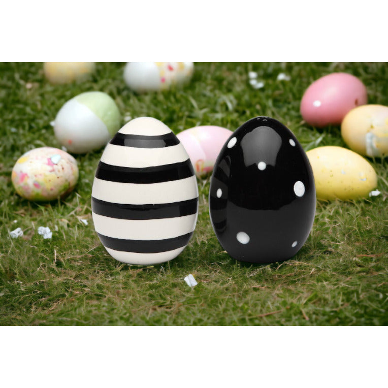 Ceramic Striped and Dotted Black and White Easter Eggs Salt and Pepper ShakersKitchen DcorSpring Dcor Image 1