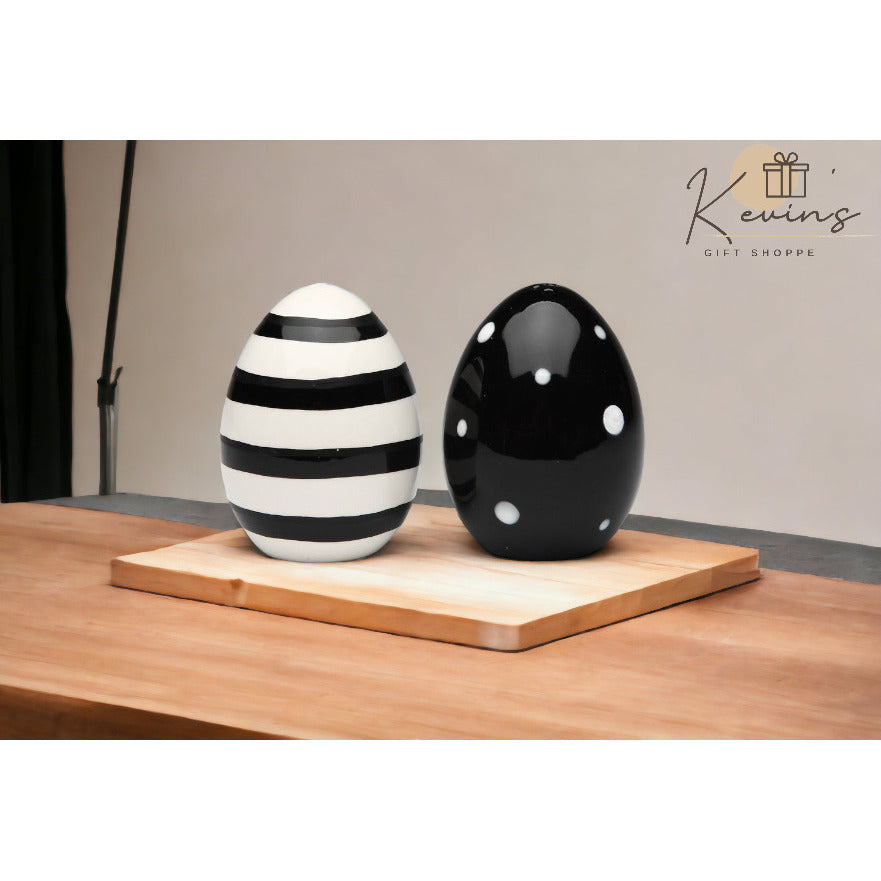 Ceramic Striped and Dotted Black and White Easter Eggs Salt and Pepper ShakersKitchen DcorSpring Dcor Image 2