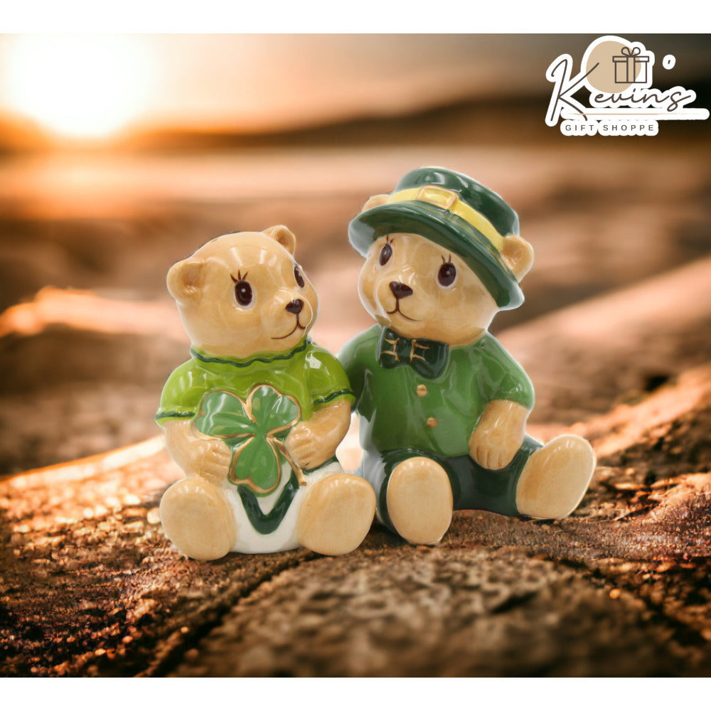 Ceramic Irish Teddy Bear Couple with Shamrock Salt and PepperKitchen DcorIrish Saint Patricks Day Dcor Image 2