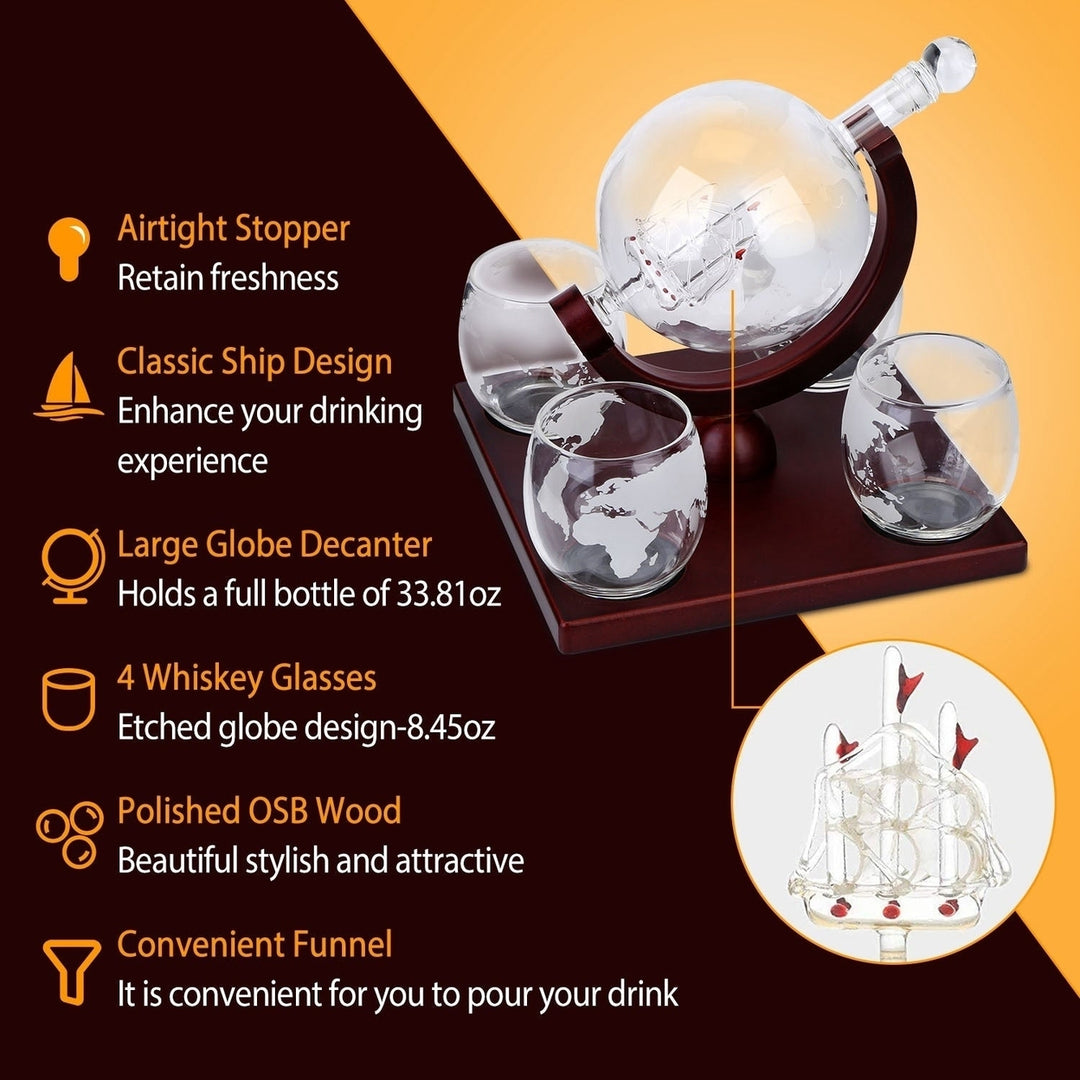 Whiskey Decanter Globe Set with 4Pcs 8.45OZ Etched World Whiskey Glasses Wooden Tray Perfect Gift Set Image 3