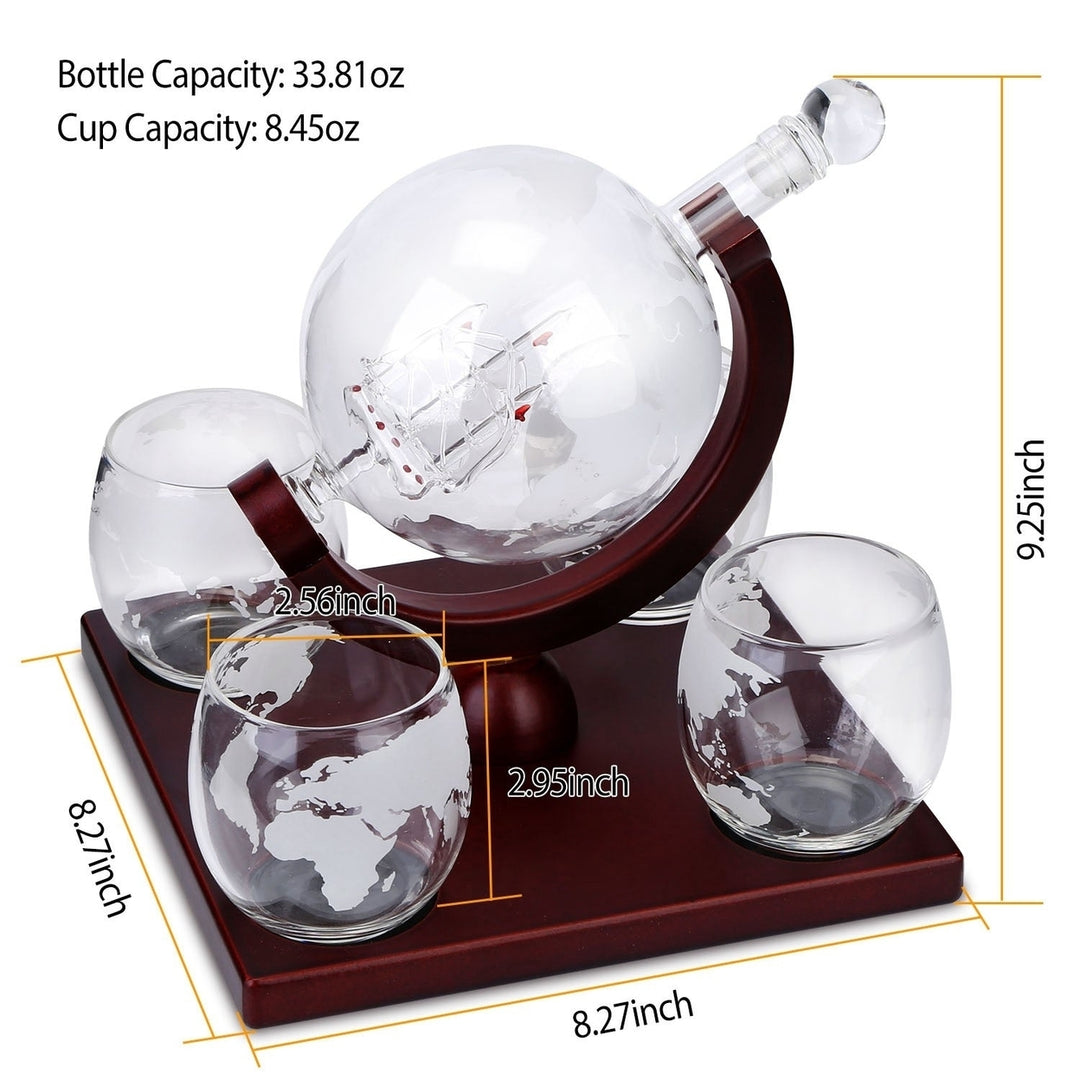 Whiskey Decanter Globe Set with 4Pcs 8.45OZ Etched World Whiskey Glasses Wooden Tray Perfect Gift Set Image 4
