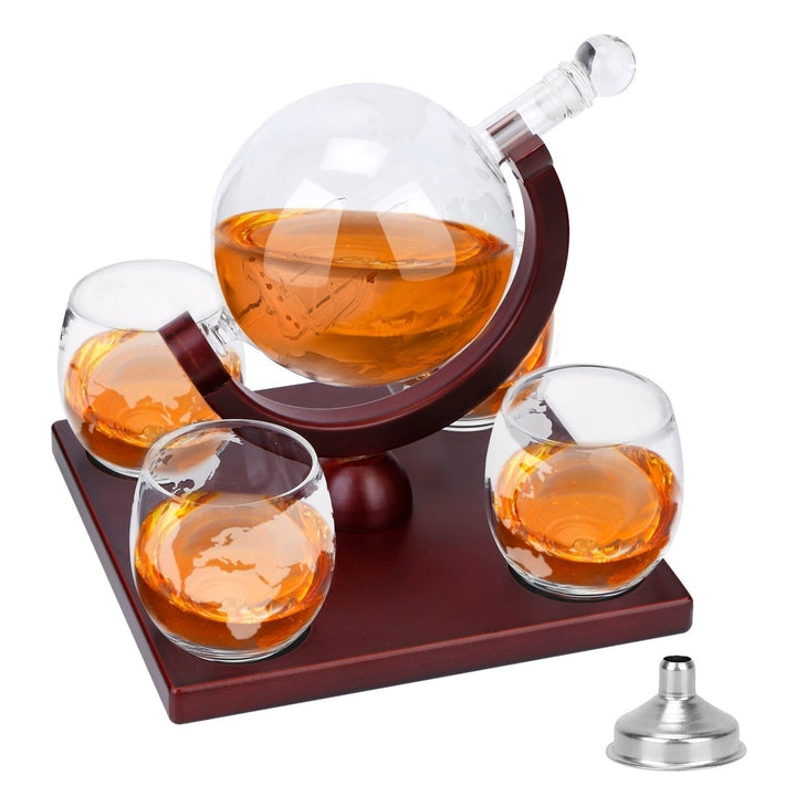 Whiskey Decanter Globe Set with 4Pcs 8.45OZ Etched World Whiskey Glasses Wooden Tray Perfect Gift Set Image 8