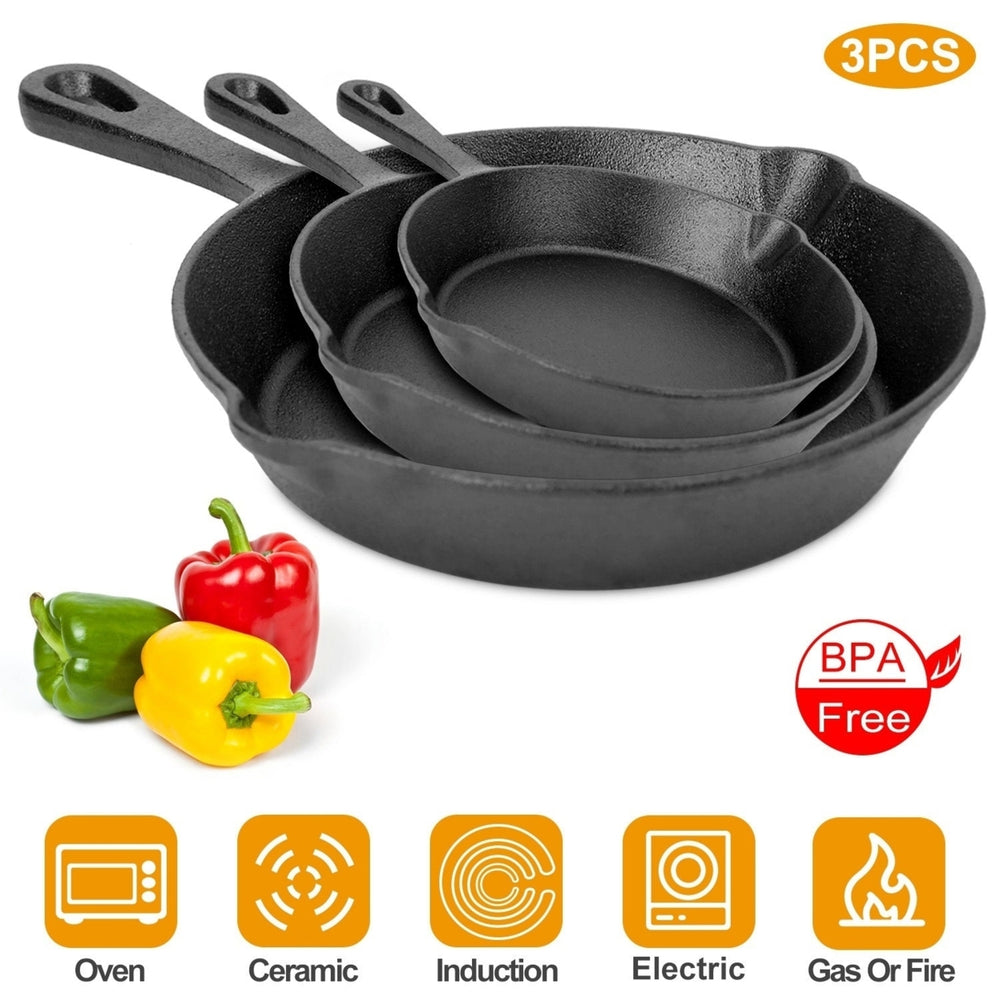 3Pcs Pre Seasoned Cast Iron Skillet Set 6 8 10in Non Stick Oven Safe Cookware Heat Resistant Frying Pan Image 2