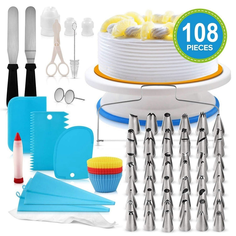 11in Rotating Cake Turntable 108Pcs Cake Decorating Supplies Kit Revolving Cake Table Stand Base Baking Tools Image 1