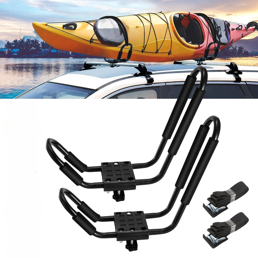 1 Pair Universal J-Bar Kayak Carrier 220LBS Load Heavy Duty Canoe Car Top Mount Carrier Roof Rack with 2Pcs Tie Down Image 1