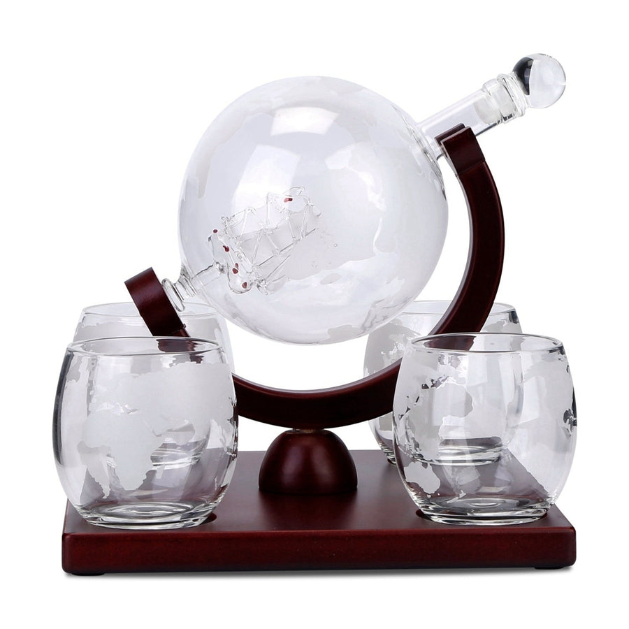 Whiskey Decanter Globe Set with 4Pcs 8.45OZ Etched World Whiskey Glasses Wooden Tray Perfect Gift Set Image 1