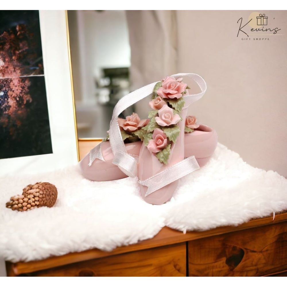 Ceramic Ballerina Pointe Shoes with Rose Flowers FigurineHome Dcor, Image 2