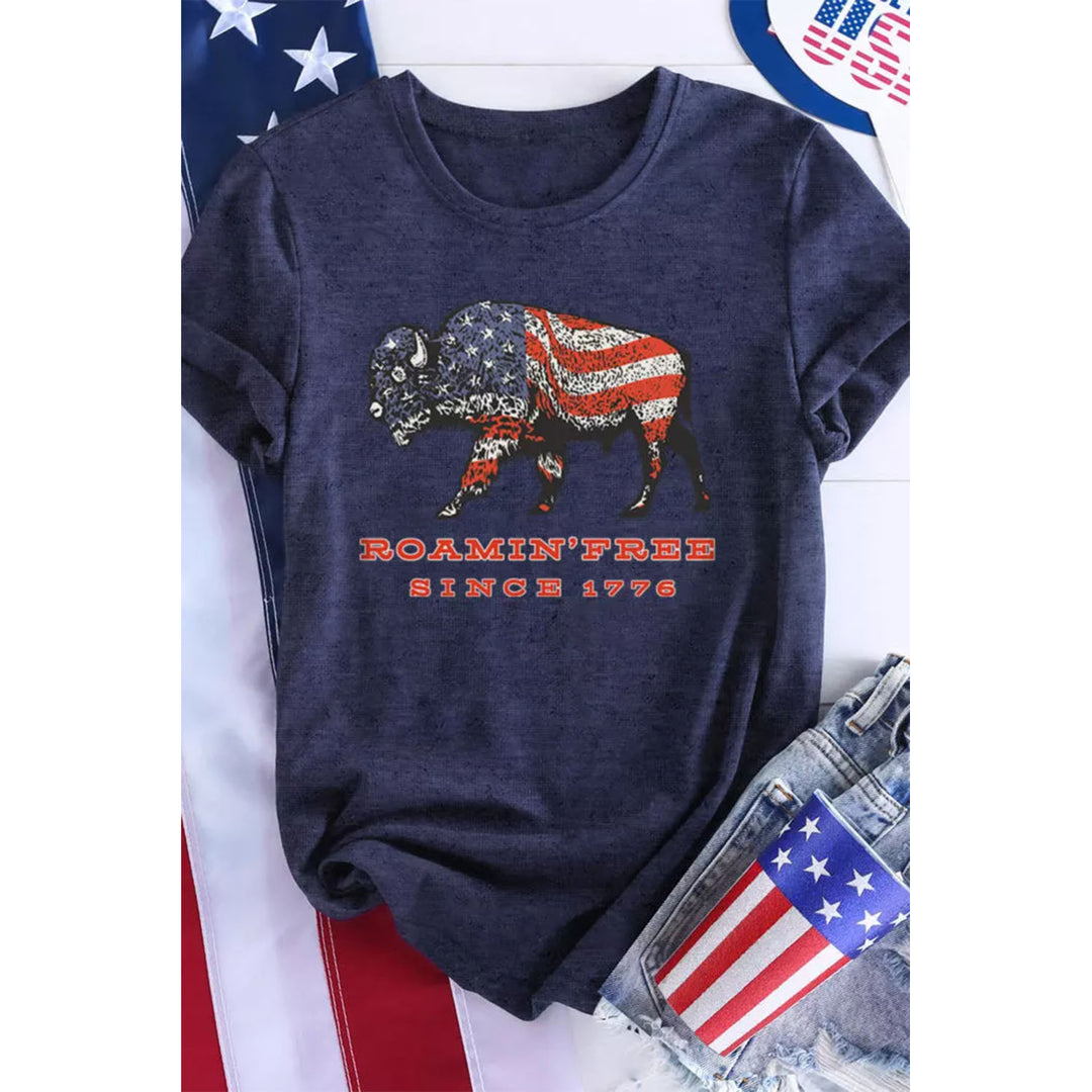 Womens Blue American Flag Ox Graphic Print Short Sleeve T Shirt Image 3