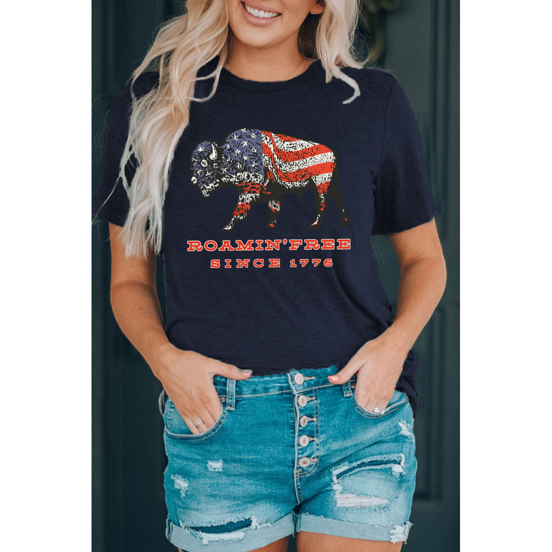 Womens Blue American Flag Ox Graphic Print Short Sleeve T Shirt Image 4