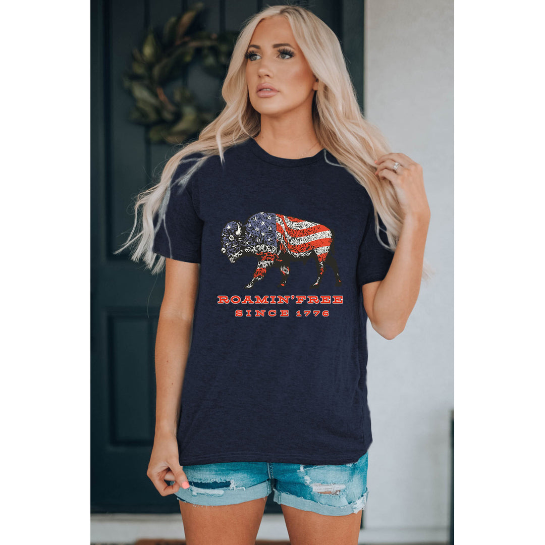Womens Blue American Flag Ox Graphic Print Short Sleeve T Shirt Image 9