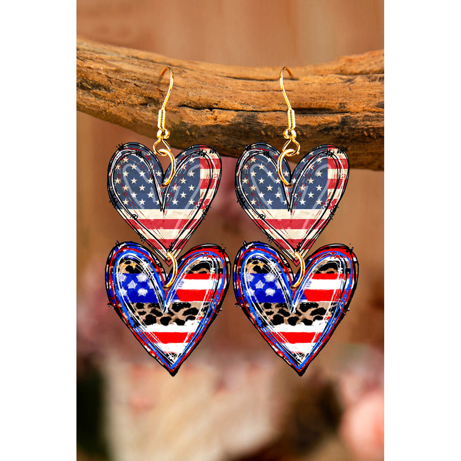 Womens Multicolor American Flag Hearts Dangle Earrings Image 1