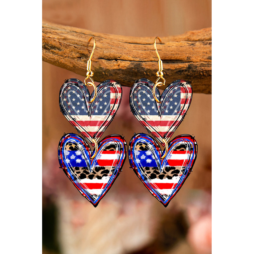 Womens Multicolor American Flag Hearts Dangle Earrings Image 1
