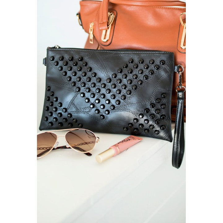 Womens Black Riveted PU Leather Zipper Clutch Bag 28218cm Image 3