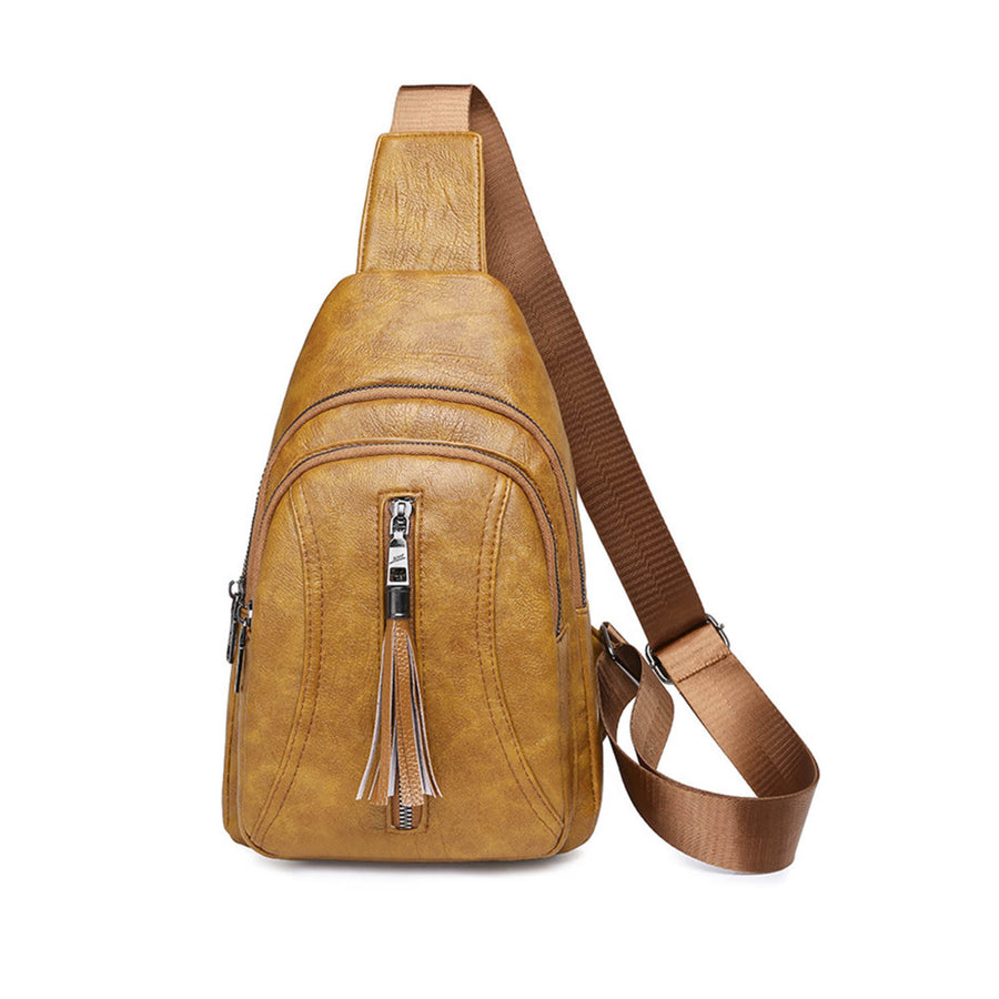 Womens Khaki Vintage Multi Pocket Tassel Zipper Sling Bag Image 1