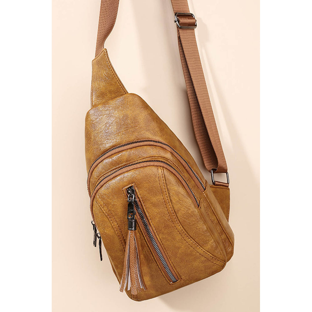 Womens Khaki Vintage Multi Pocket Tassel Zipper Sling Bag Image 6