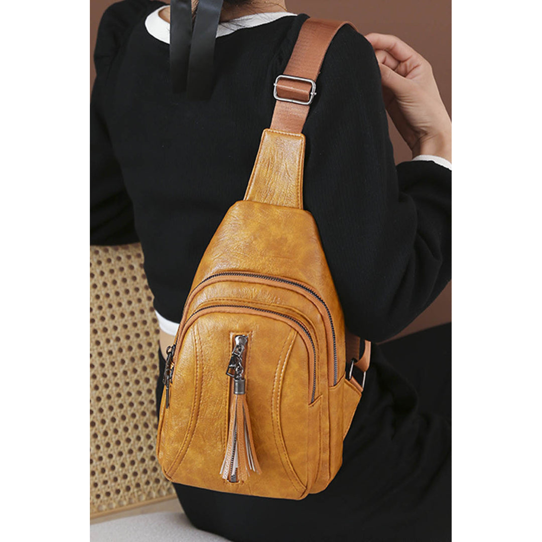 Womens Khaki Vintage Multi Pocket Tassel Zipper Sling Bag Image 8